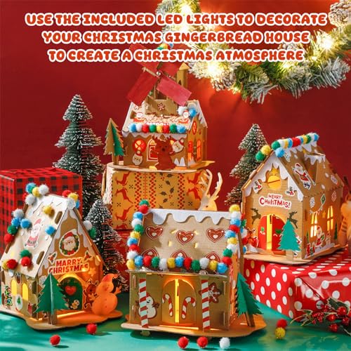Poen 12 Set Christmas Gingerbread House Craft Kit Bulk Prebuilt Mini Gingerbread House with Pom Poms Markers Sticker Tapes Fun DIY Cardboard Christmas Craft for Holiday Party DecorationStylish Style - Image 5