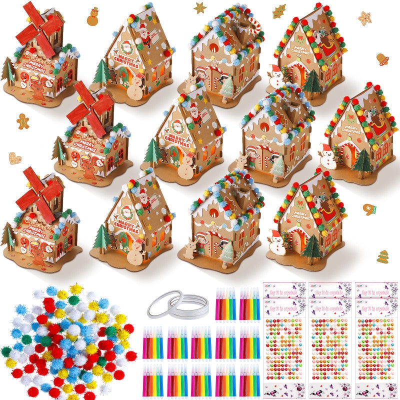 Poen 12 Set Christmas Gingerbread House Craft Kit Bulk Prebuilt Mini Gingerbread House with Pom Poms Markers Sticker Tapes Fun DIY Cardboard Christmas Craft for Holiday Party DecorationStylish Style - Image 3