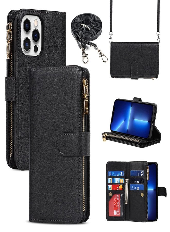 Jaorty for iPhone 13 Pro Max Phone Case Wallet for Women with Card Holder,for iPhone 13 Pro Max Crossbody Case with Strap Shoulder Lanyard, Zipper Pocket PU Leather Cases,6.7 Inch Black - Image 1