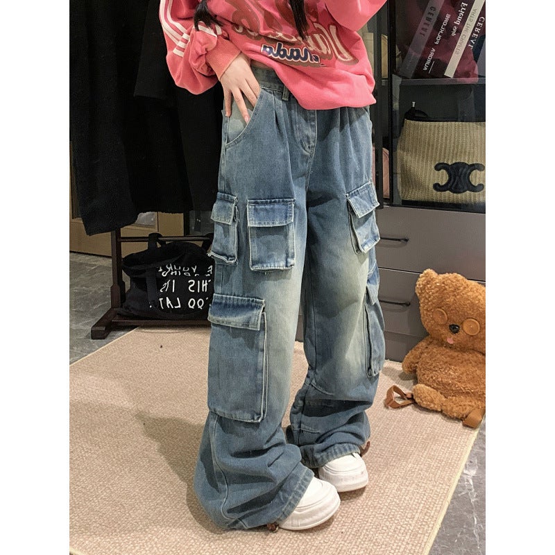 جينز نسائي منخفض الخصر بتصميم نيش أسلوب أمريكي ريترو، بنطلون واسع للعمل بتصميم فضفاض - Image 1