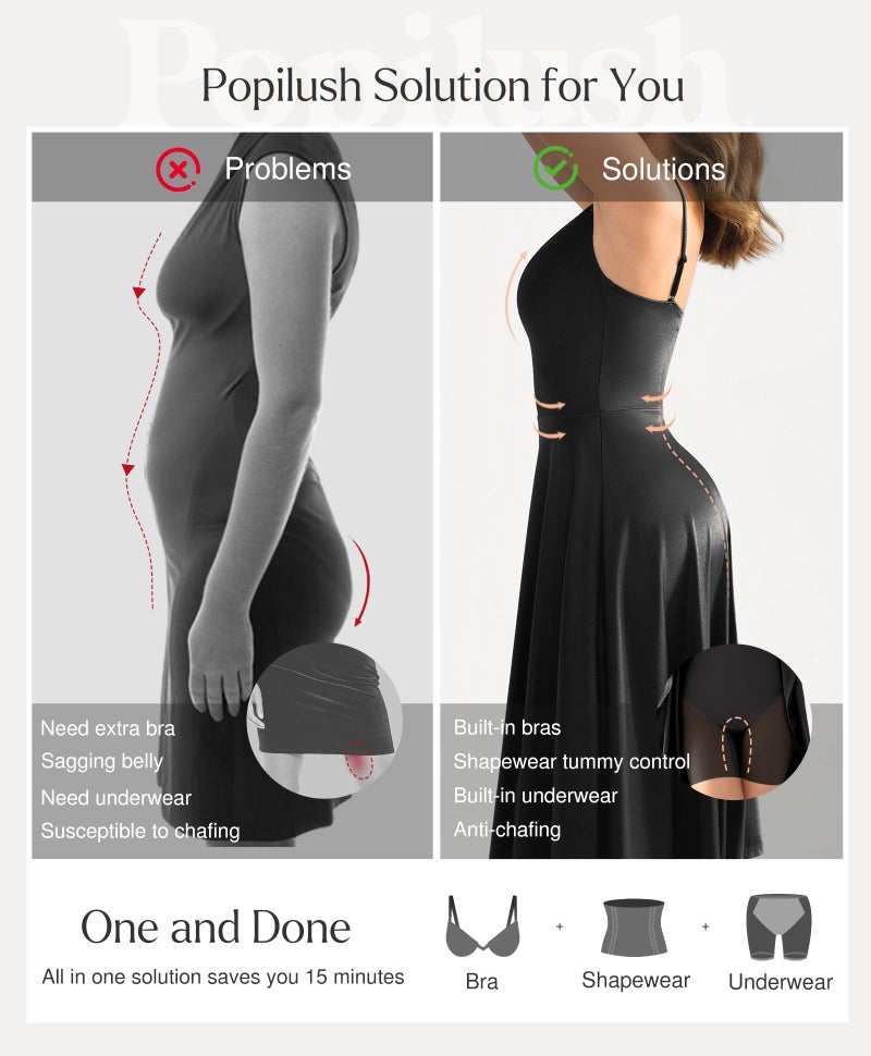 Popilush Corset Dress All in One Shapewear A-Line Evening Midi Tea Party Dresses Tummy Control Spaghetti Strap for Semi Formal Black - Image 3