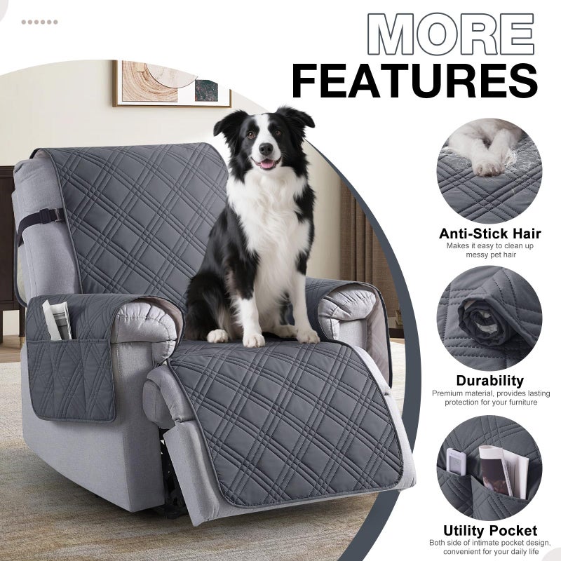 TAOCOCO 100% Waterproof Recliner Chair Cover, Non Slip Recliner Covers for Recliner Chair with Pocket, Washable Reclining Chair Cover Furniture Protector for Kids, Pets(23.6'', Dark Grey) - Image 5