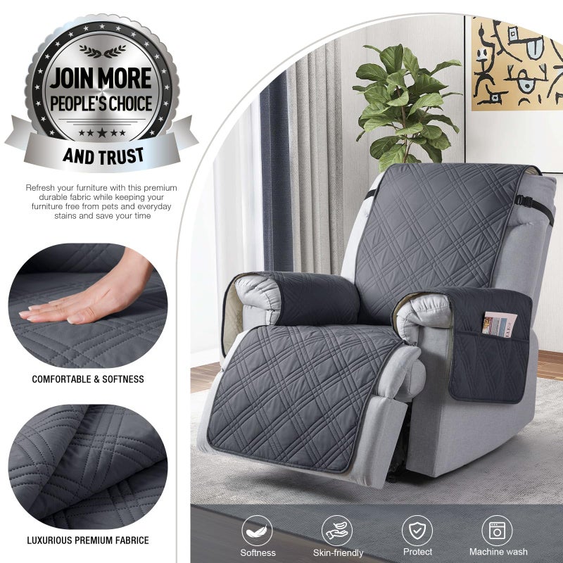 TAOCOCO 100% Waterproof Recliner Chair Cover, Non Slip Recliner Covers for Recliner Chair with Pocket, Washable Reclining Chair Cover Furniture Protector for Kids, Pets(23.6'', Dark Grey) - Image 2