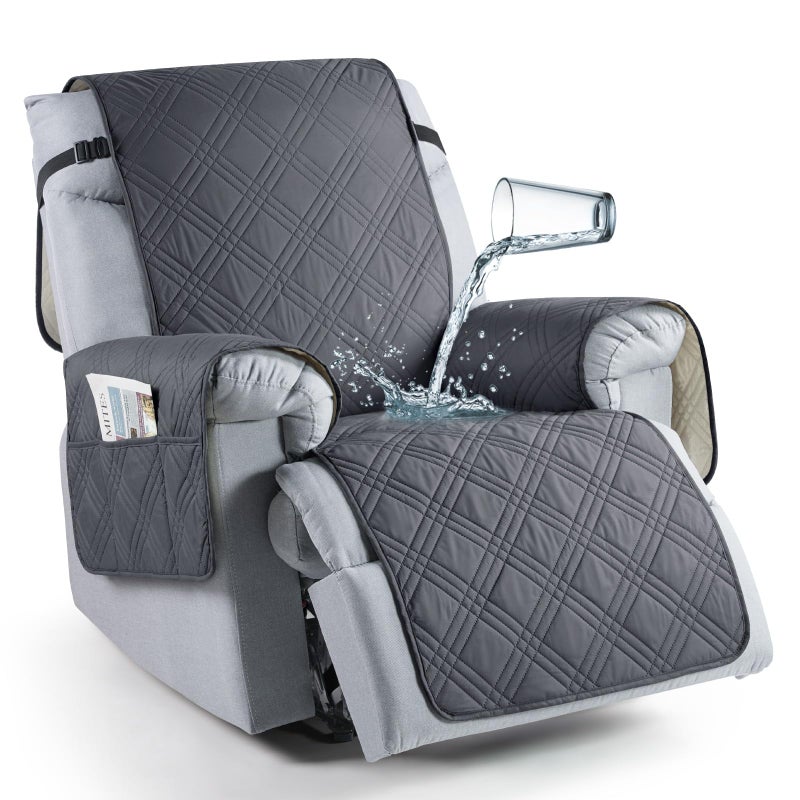 TAOCOCO 100% Waterproof Recliner Chair Cover, Non Slip Recliner Covers for Recliner Chair with Pocket, Washable Reclining Chair Cover Furniture Protector for Kids, Pets(23.6'', Dark Grey) - Image 1
