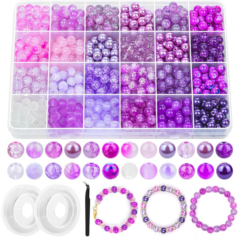 PAXCOO 720pcs Glass Beads for Jewelry Making 8mm, 24 Colors Bead Bracelet Making Kit Purple Round Loose Beads for Bracelet Earring Necklace Jewelry Making Supplies - Image 1