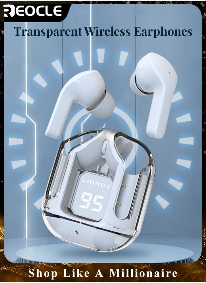 REOCLE Wireless Earbuds Bluetooth Headphones with ENC Noise Canceling Translucent Earphones HiFi Dual Stereo Microphone Mini in-Ear Earbuds with Charging Case & LED Digital Display  - Image 1