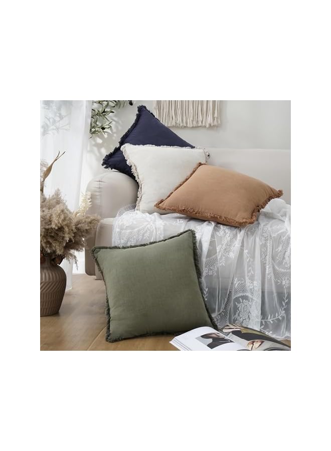The Bros Decorative Linen Throw Pillow Covers, 45x45 cm, Set of 2, with Fringe (Olive Green) - Image 5