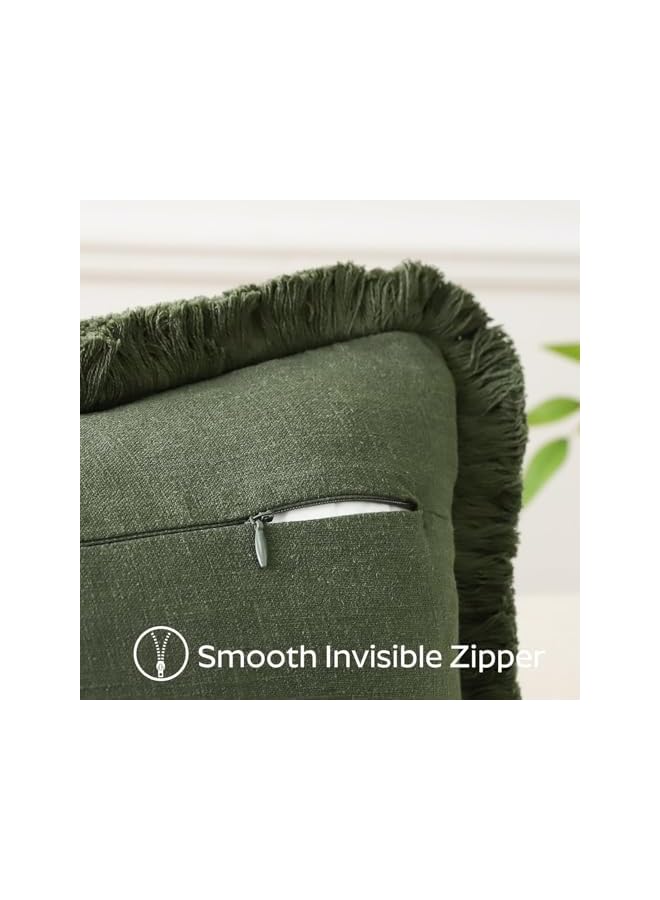 The Bros Decorative Linen Throw Pillow Covers, 45x45 cm, Set of 2, with Fringe (Olive Green) - Image 4