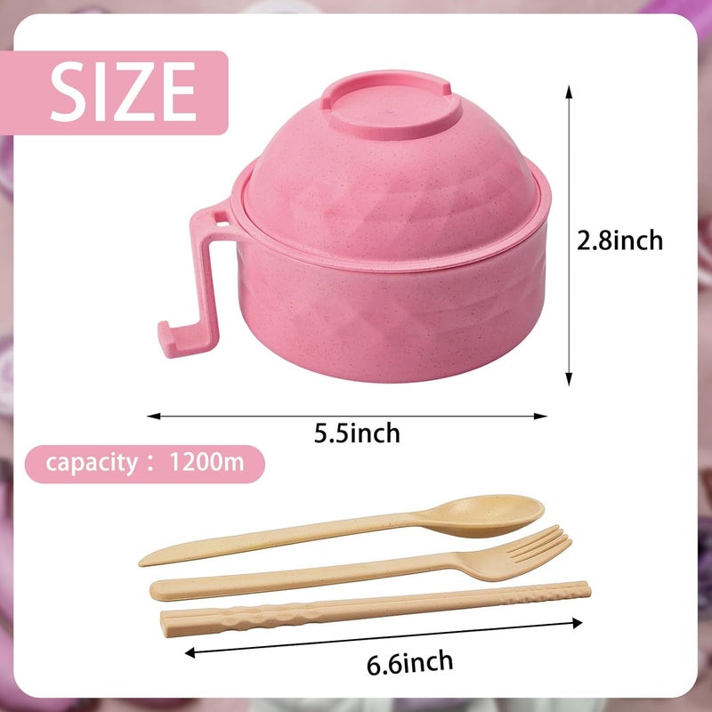 Romooa 2 Sets Microwave Ramen Bowl 33 oz Wheat Fiber Portable Instant Noodle Cooker Bowl with Handles Strainer Spoon Chopstick Fork College Dorm Room Apartment EssentialsBeige Pink - Image 2