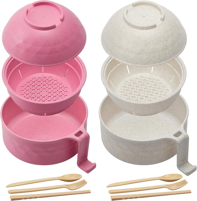 Romooa 2 Sets Microwave Ramen Bowl 33 oz Wheat Fiber Portable Instant Noodle Cooker Bowl with Handles Strainer Spoon Chopstick Fork College Dorm Room Apartment EssentialsBeige Pink - Image 1