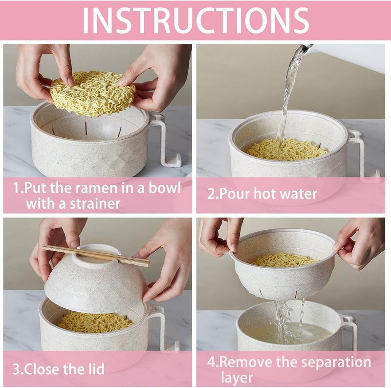 Romooa 2 Sets Microwave Ramen Bowl 33 oz Wheat Fiber Portable Instant Noodle Cooker Bowl with Handles Strainer Spoon Chopstick Fork College Dorm Room Apartment EssentialsBeige Pink - Image 4