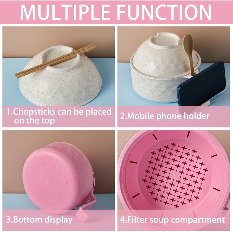 Romooa 2 Sets Microwave Ramen Bowl 33 oz Wheat Fiber Portable Instant Noodle Cooker Bowl with Handles Strainer Spoon Chopstick Fork College Dorm Room Apartment EssentialsBeige Pink - Image 3