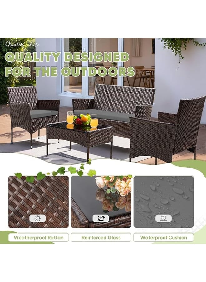 Sweet Furniture 4 Piece Patio Furniture Set - Brown and Black Rattan Chairs with Glassless Coffee Table, Outdoor Conversation Set for Garden, Porch, Deck or Pool  - Image 3