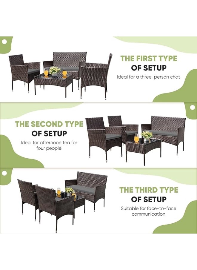 Sweet Furniture 4 Piece Patio Furniture Set - Brown and Black Rattan Chairs with Glassless Coffee Table, Outdoor Conversation Set for Garden, Porch, Deck or Pool  - Image 4