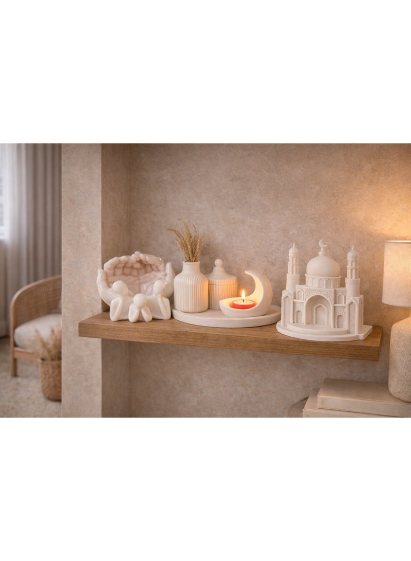 Modern Resin Home Decor Set – White Color (8 Pieces) – Vase, Storage Jar With Lid, Crescent Moon Candle Holder, Mosque Figurine, Prayer Hand & Family Set – Elegant Living Room & Ramadan Decor - Image 1