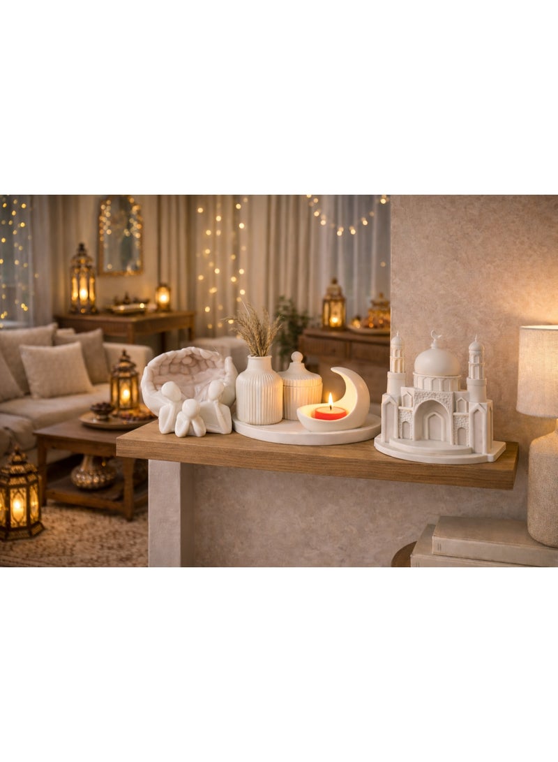 Modern Resin Home Decor Set – White Color (8 Pieces) – Vase, Storage Jar With Lid, Crescent Moon Candle Holder, Mosque Figurine, Prayer Hand & Family Set – Elegant Living Room & Ramadan Decor - Image 2