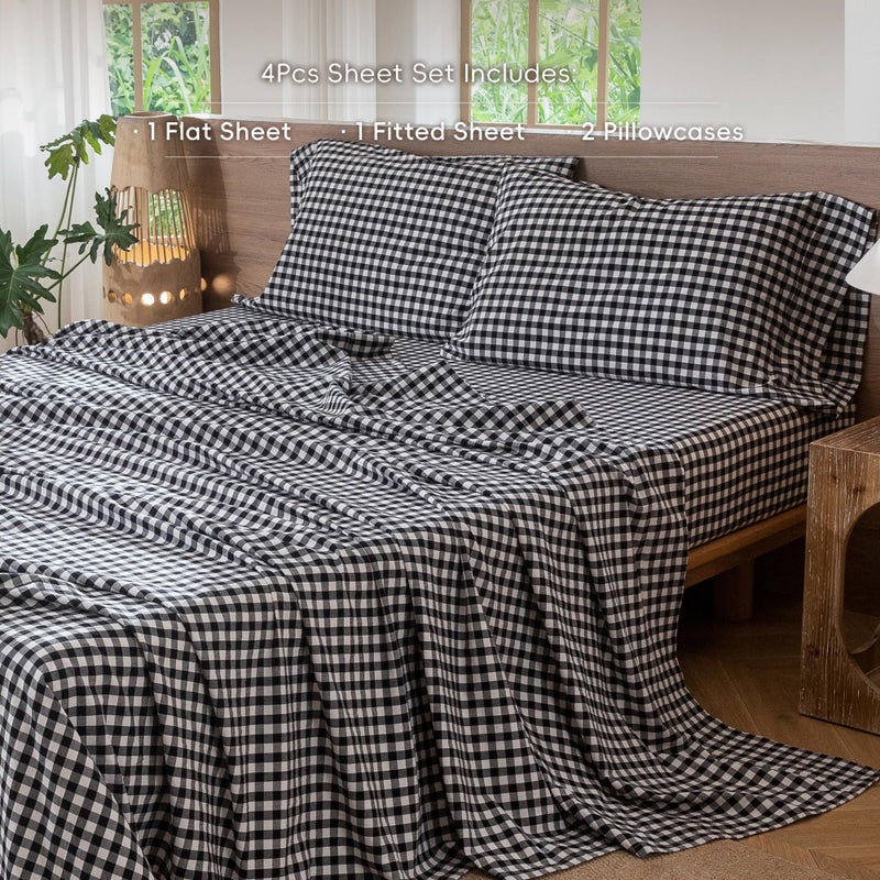 MooMee Gingham Sheet Set 100% Washed Cotton Linen Like Textured Breathable Soft w/ Fully Elasticized 16-19" Deep Pocket (Classic Gingham Black White, King) - Image 2