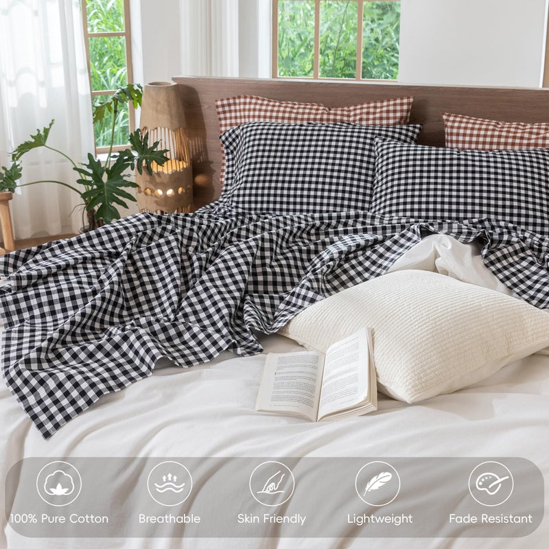 MooMee Gingham Sheet Set 100% Washed Cotton Linen Like Textured Breathable Soft w/ Fully Elasticized 16-19" Deep Pocket (Classic Gingham Black White, King) - Image 4
