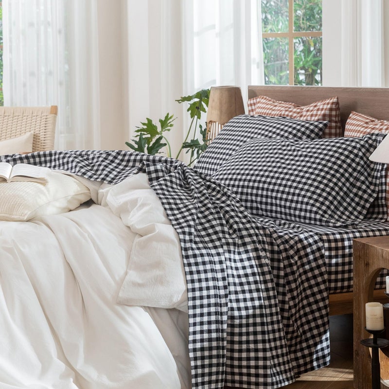 MooMee Gingham Sheet Set 100% Washed Cotton Linen Like Textured Breathable Soft w/ Fully Elasticized 16-19" Deep Pocket (Classic Gingham Black White, King) - Image 1