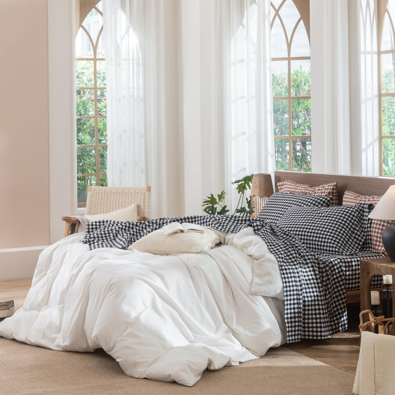MooMee Gingham Sheet Set 100% Washed Cotton Linen Like Textured Breathable Soft w/ Fully Elasticized 16-19" Deep Pocket (Classic Gingham Black White, King) - Image 3