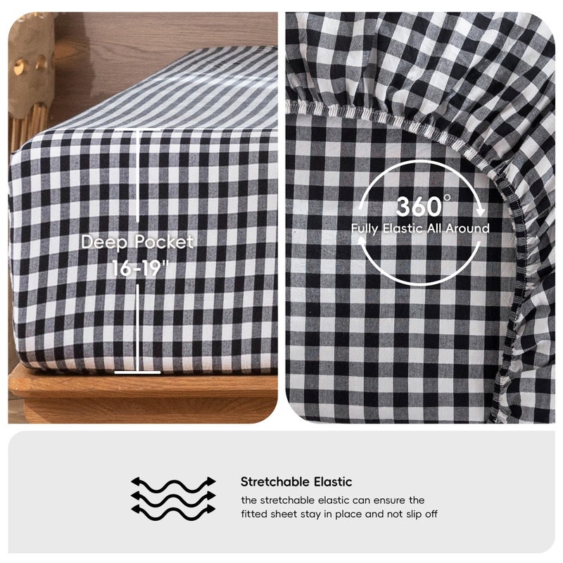 MooMee Gingham Sheet Set 100% Washed Cotton Linen Like Textured Breathable Soft w/ Fully Elasticized 16-19" Deep Pocket (Classic Gingham Black White, King) - Image 5