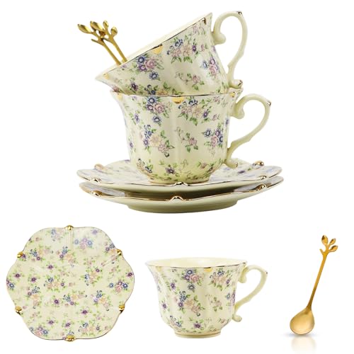 TATSUMI Country Roses Bone China Tea Cup and Saucer Set, 6 Pieces, Vintage Style, For Women and Tea Parties（Yellow,2 Sets） - Image 1