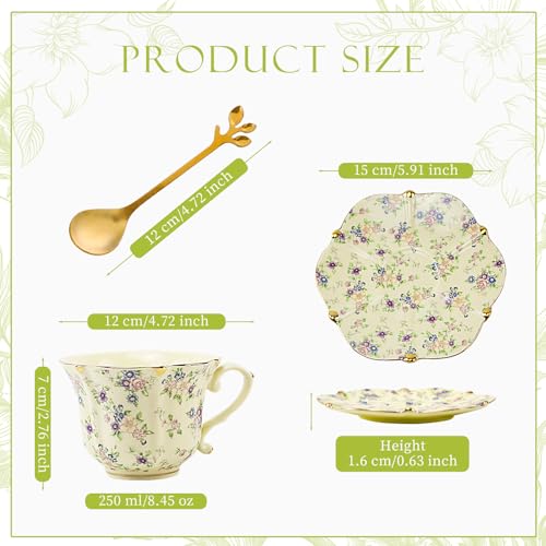 TATSUMI Country Roses Bone China Tea Cup and Saucer Set, 6 Pieces, Vintage Style, For Women and Tea Parties（Yellow,2 Sets） - Image 3