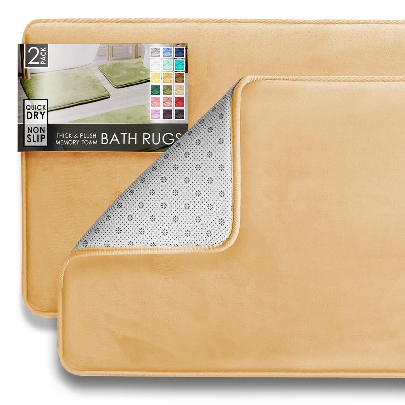 Clara Clark 2 Piece Bathroom Rugs Bath Mat Set, Velvet Memory Foam Bath Mats for Bathroom - Non-Slip, PVC Backing Bath Rugs, Washable - Dries Quickly, Cream - Image 1
