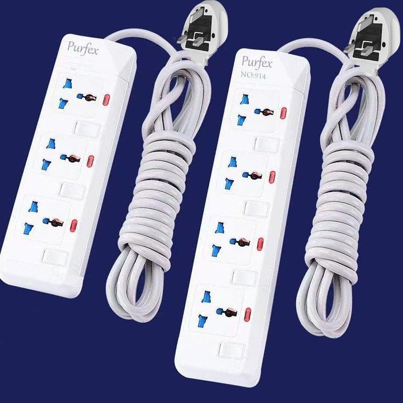 Purfex 2 Pack Universal Extension Cables | 4-Way + 3-Way | 5M Cable Socket Cable, Heavy Duty Power Strip with Fire Retardant Design and Surge Protection - Ideal for Home and - Image 1