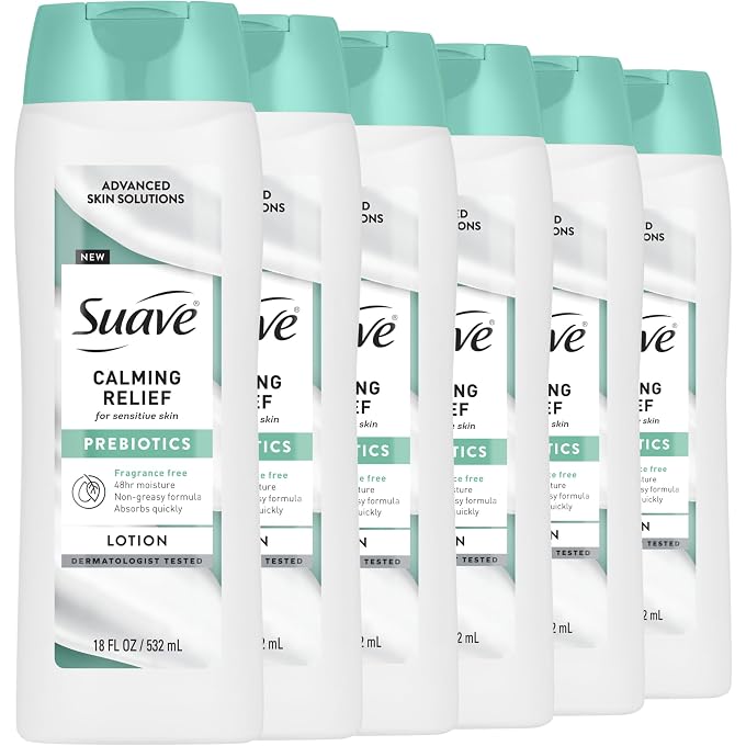 Suave Calming Relief Hand & Body Lotion for Women With Prebiotics For Sensitive Skin, Fragrance & Allergen Free, Helps Restore Skin's Moisture Barrier, 18 FL OZ, 6 Pack - Image 1