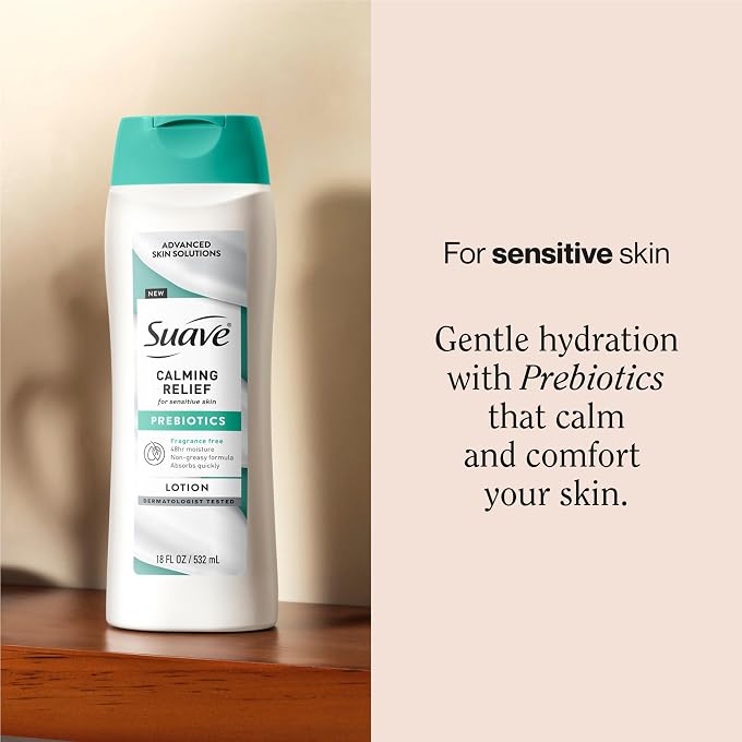 Suave Calming Relief Hand & Body Lotion for Women With Prebiotics For Sensitive Skin, Fragrance & Allergen Free, Helps Restore Skin's Moisture Barrier, 18 FL OZ, 6 Pack - Image 2