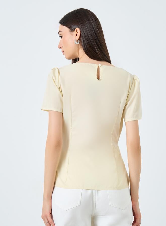 تايك تو بلوزة سادة بأكمام منفوخة مع حزام خصر - Image 4