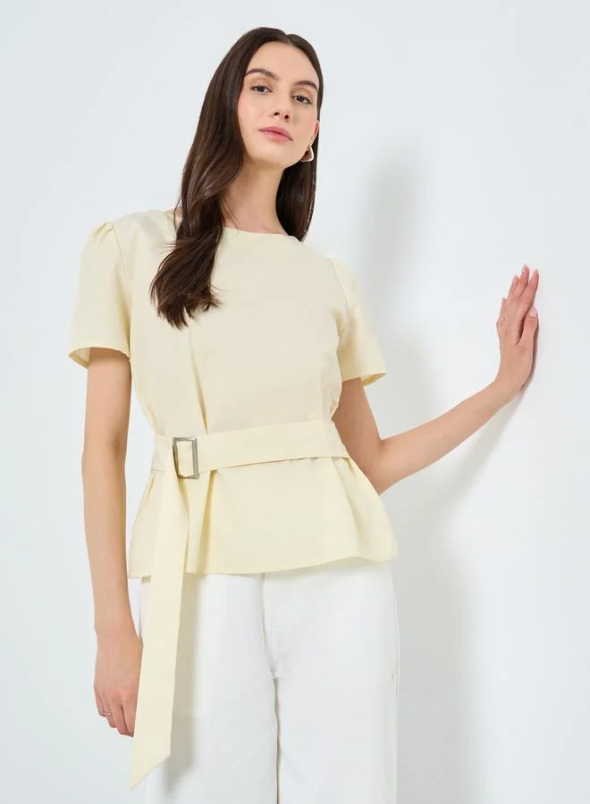 Take Two Take Two Solid Puff Sleeves Top with Belt