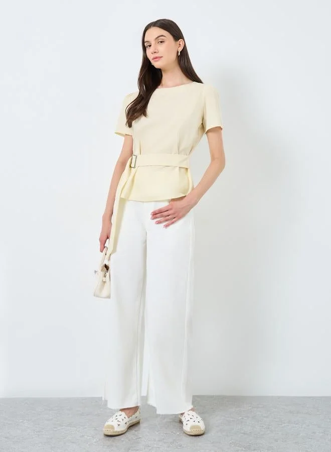 Take Two Take Two Solid Puff Sleeves Top with Belt