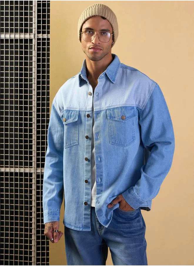 Mascln Sassafras Color Block Oversized Denim Shacket with Pocket Detail by Styli