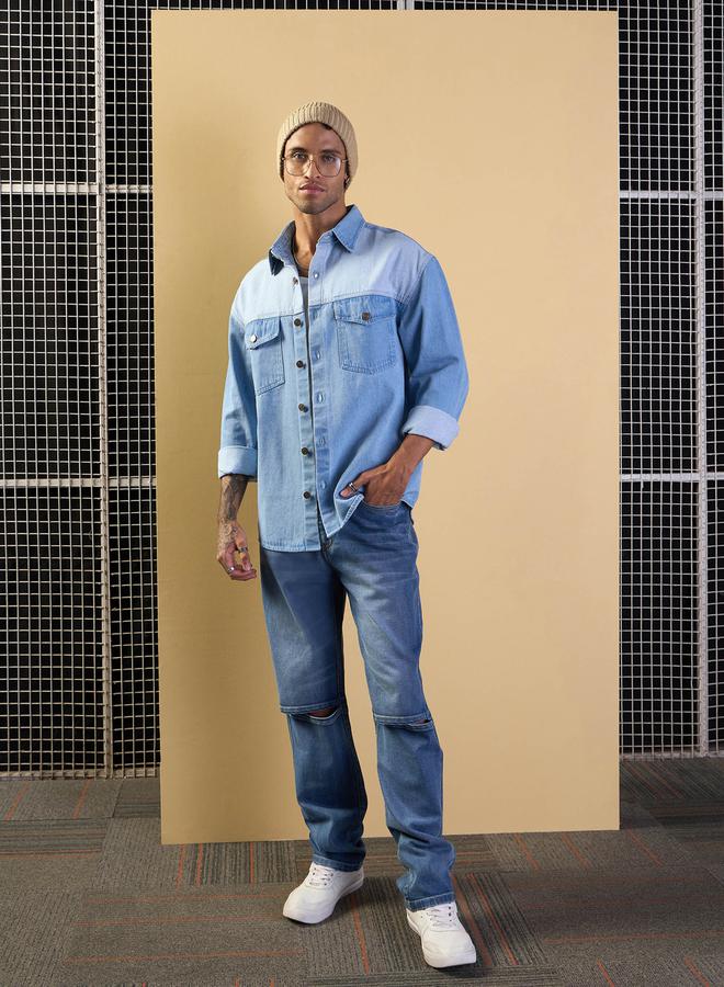 Mascln Sassafras Color Block Oversized Denim Shacket with Pocket Detail - Image 2