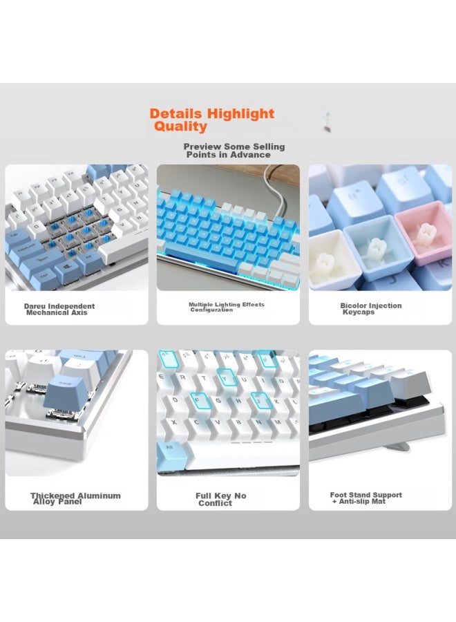 Daryo Dareu Ek815 Mechanical Alloy Edition Keyboard, Wired E-sports Gaming Keyboard, 87 Keys Multi-key Anti-ghosting, Laptop Keyboard, White And Blue Tea Switch - Image 1