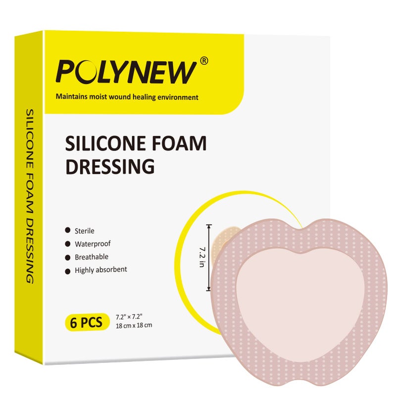 POLYNEW Sacrum Silicone Foam Sacral Pad with Adhesive Border 72x72 6 Individual Package for Large Wound Care Bedsore Pressure Sore