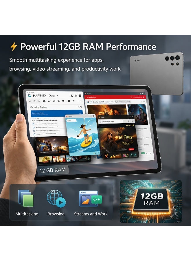 Telzeal P202 Tablet – Grey (12GB RAM, 512GB ROM), 11” HD Display, 10000mAh Battery, 20MP Rear Camera, Dual SIM, Android 15, Keyboard & Mouse Included - Image 3