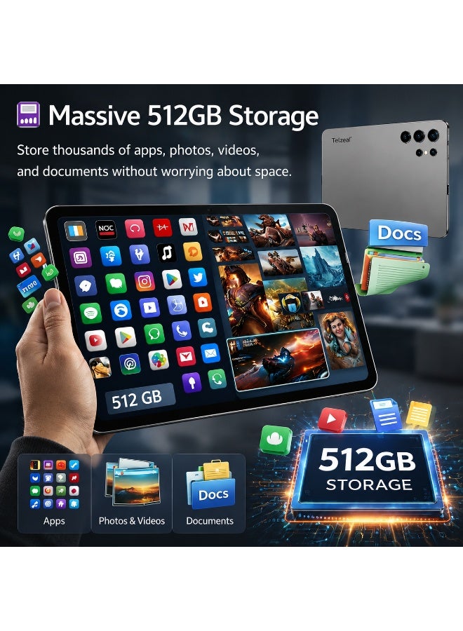 Telzeal P202 Tablet – Grey (12GB RAM, 512GB ROM), 11” HD Display, 10000mAh Battery, 20MP Rear Camera, Dual SIM, Android 15, Keyboard & Mouse Included - Image 5