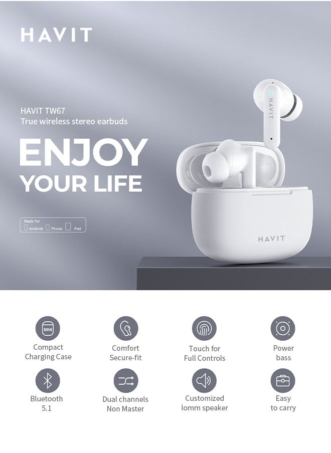 havit - Wireless BT Headset，Multi-function Wireless Earbuds，Bluetooth Headset with 10mm Drivers For Home, Office, Self-driving Travel，Standard White - Image 1