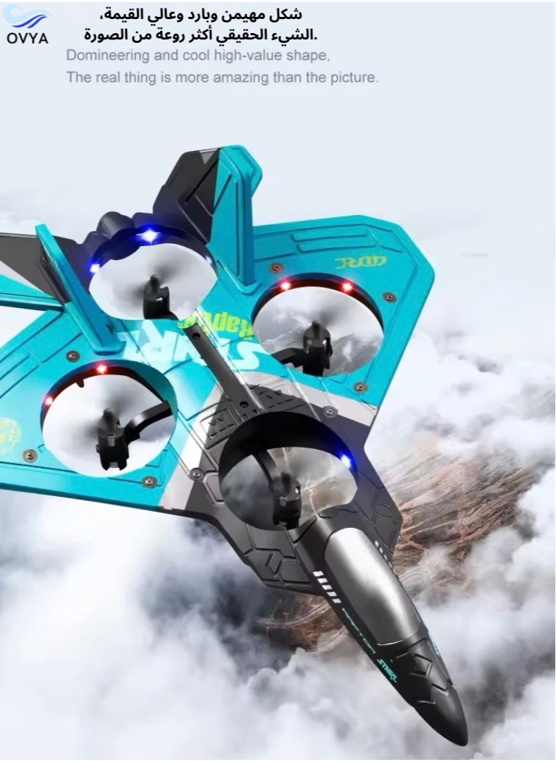 OVYA - V17 Jet Fighter Stunt RC Airplane Toys Ready To Fly 2.4GHz 6CH EPP Drone Remote Control Helicopter Toy 4 Motor Helicopters Adult Plane with Function Gravity Sensing Stunt Roll Cool Light With 2 Battery - Image 1