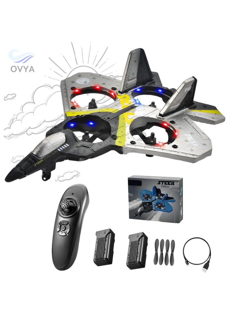 OVYA - V17 Jet Fighter Stunt RC Airplane Toys Ready To Fly 2.4GHz 6CH EPP Drone Remote Control Helicopter Toy 4 Motor Helicopters Adult Plane with Function Gravity Sensing Stunt Roll Cool Light With 2 Battery - Image 1