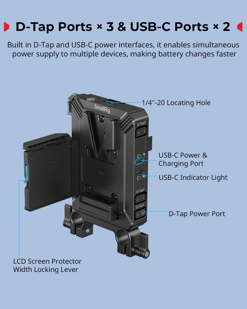 SMALLRIG V-Mount Battery Plate Kit for 15mm LWS Rods, with Dual Rod Clamp, LCD Screen Protector & Cable Clips, D-Tap & USB-C Supply, All-in One Camera Video Rig for Mirrorless/DSLR - Image 5
