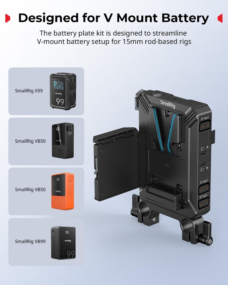 SMALLRIG V-Mount Battery Plate Kit for 15mm LWS Rods, with Dual Rod Clamp, LCD Screen Protector & Cable Clips, D-Tap & USB-C Supply, All-in One Camera Video Rig for Mirrorless/DSLR - Image 2
