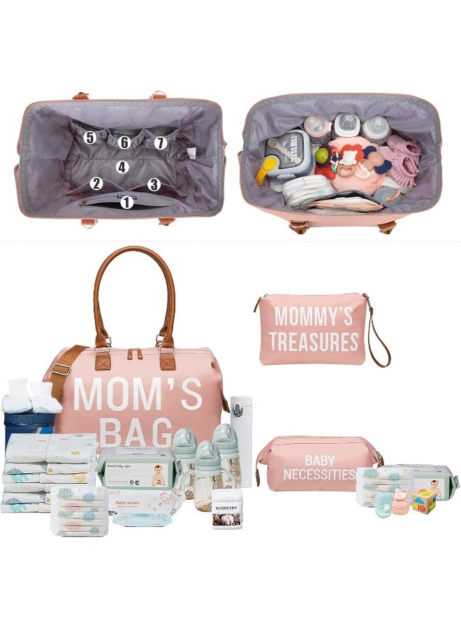 printe Mommy Diaper Bag Tote for Girls with 2 Organizer Pouches, Large Capacity Mom's Bag for Hospital and Weekender Travel, Pink - Image 2