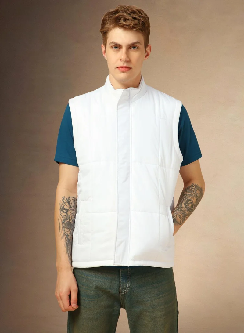 Dennis Lingo Men's White 100% Polyester Solid Regular Fit Jacket