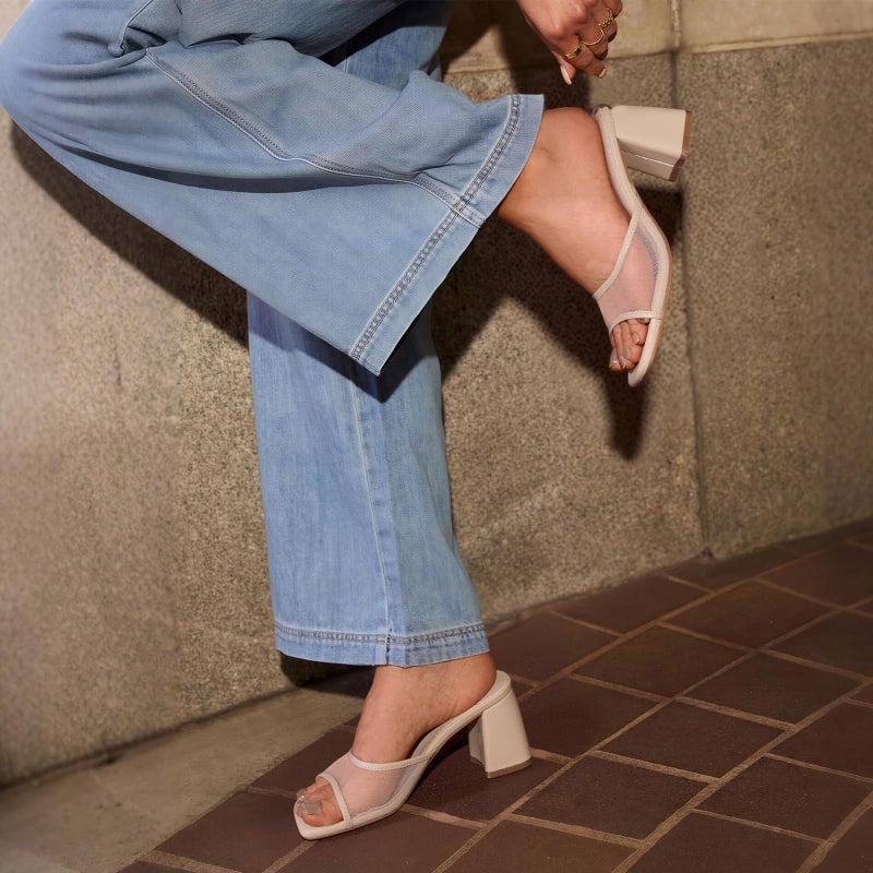 Mattiventon Nude Heeled Sandals for Women Mesh Slide Sandals Square Open Toe Mules Chunky Heels Summer Slip On Dress Shoes - Image 4