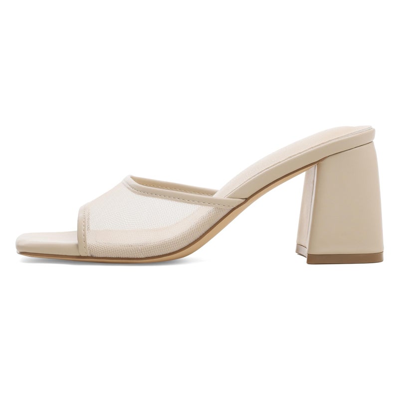 Mattiventon Nude Heeled Sandals for Women Mesh Slide Sandals Square Open Toe Mules Chunky Heels Summer Slip On Dress Shoes - Image 1