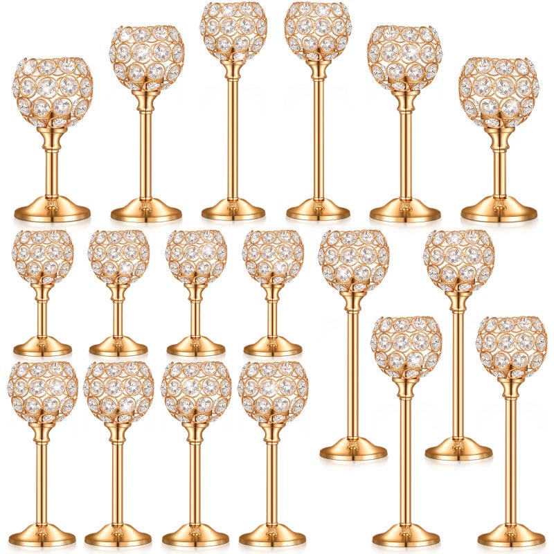 Qunclay 18 Pieces Crystal Candle Holders Bulk Candle Stick Holder Centerpieces for Table Wedding Centerpieces Crystal Decorative Tealight Dining Table Decor for Party(Gold) - Image 1